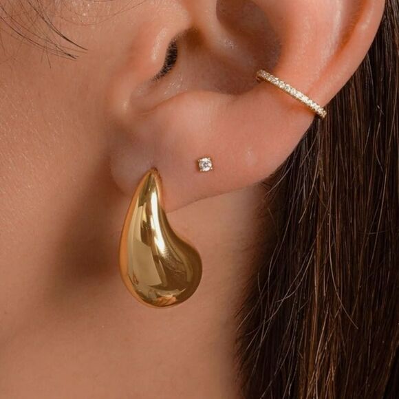Waterdrop Earrings Teardrop Pierced Chunky Gold Plated - Picture 3 of 6
